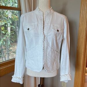 Chico’s Platinum White Ruffled Button-Up Jean Jacket